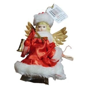 Vintage Family Dollar Christmas Angel Ornament Gold Wings 5" Satin Faux Fur NWT